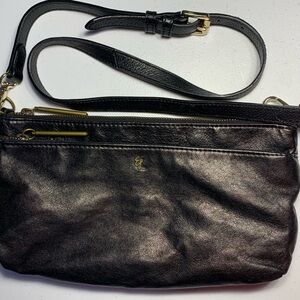 Elliott Lucca Black Leather Crossbody Bag Gold Hardware, Double Zip, Adjustable